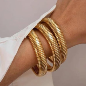 Gold Bangles for Women – Chunky Stretch Bracelets Set, 18K Gold Plated